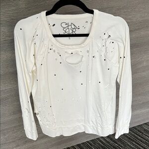 Chaser White Distressed Long Sleeve Tee.